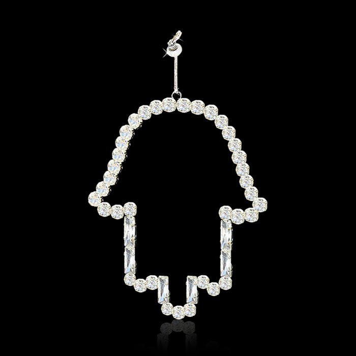 Hamsa pendant (14.5*11 cm) for hanging with crystals and silver plating, handmade