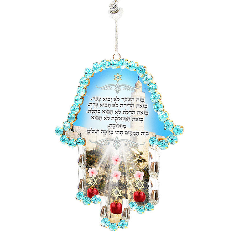 Hamsa wall pendant (14.5*11 cm) with a house blessing inlaid with blue and white crystals