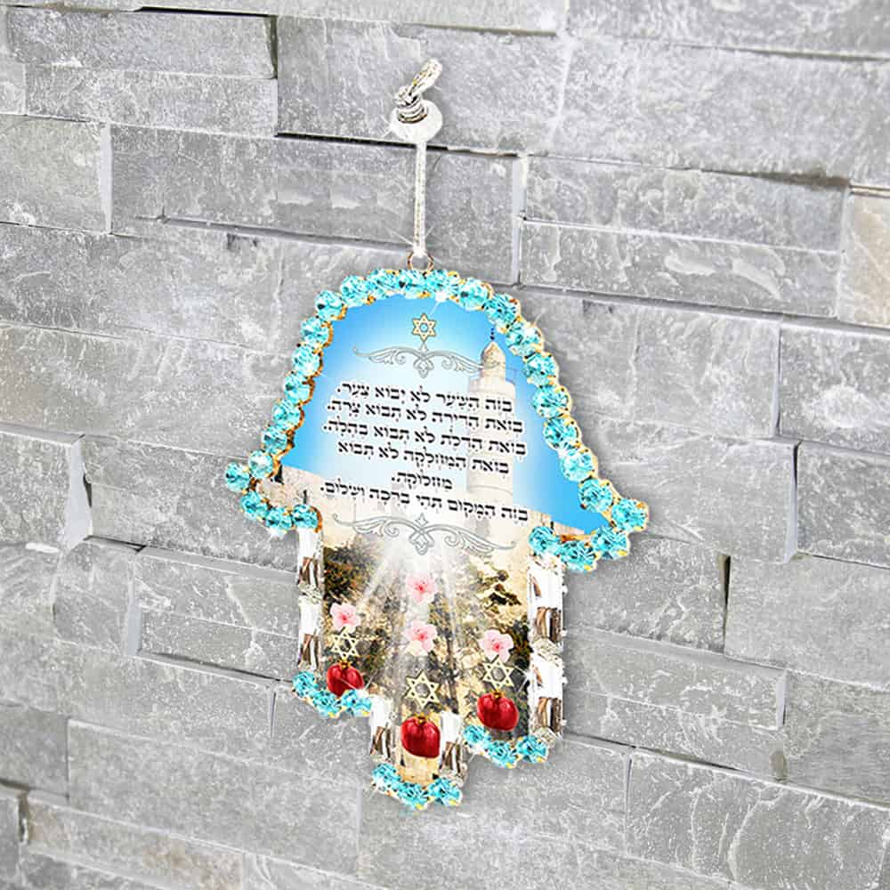 Hamsa wall pendant (14.5*11 cm) with a house blessing inlaid with blue and white crystals