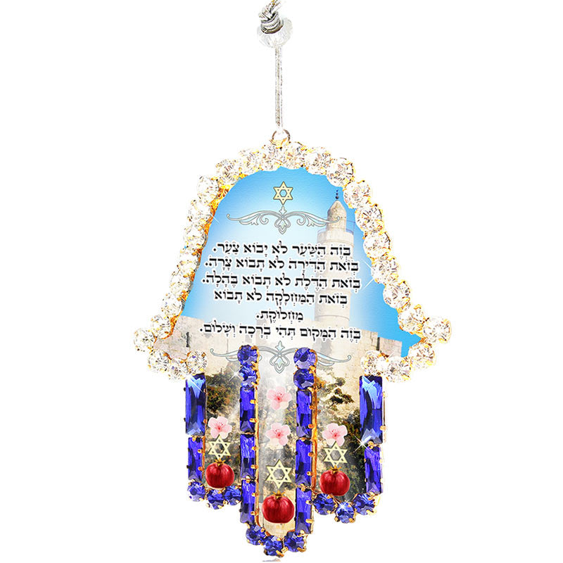 Hamsa wall pendant (13*11 cm) with a house blessing inlaid with blue and white crystals