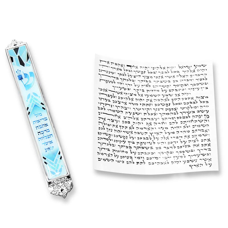 Mezuzah case (10 cm parchment) made of metal with 7 elegant blessings with silver and epoxy coating