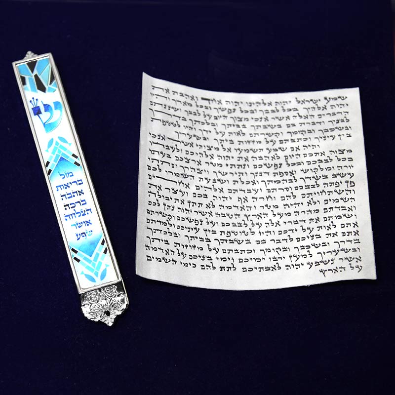 Mezuzah case (10 cm parchment) made of metal with 7 elegant blessings with silver and epoxy coating