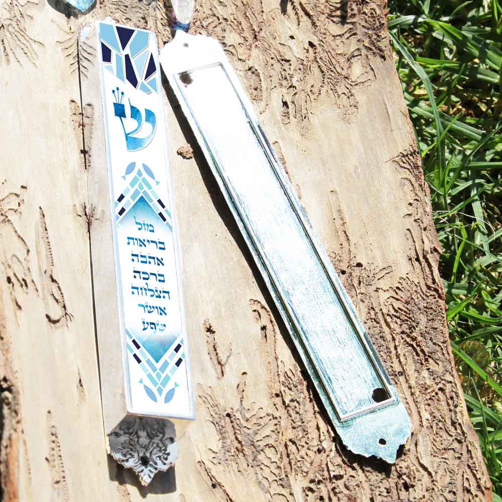 Mezuzah case (10 cm parchment) made of metal with 7 elegant blessings with silver and epoxy coating