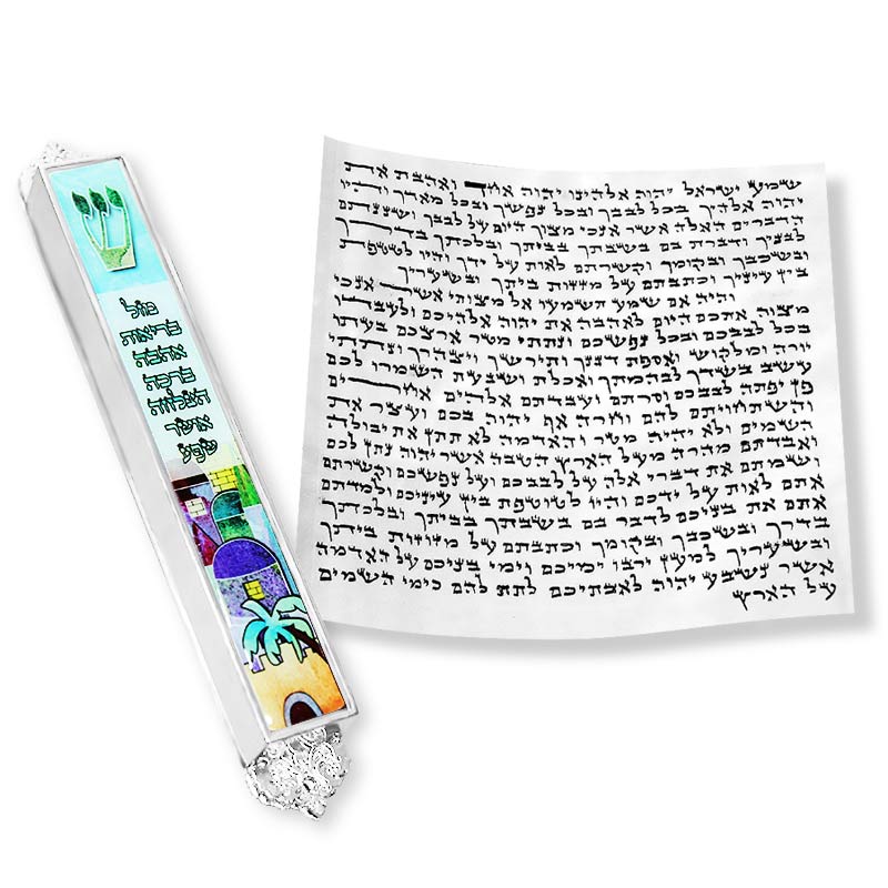 Metal Mezuzah Case Jerusalem Walls 7 Blessings with Dark Silver Plating