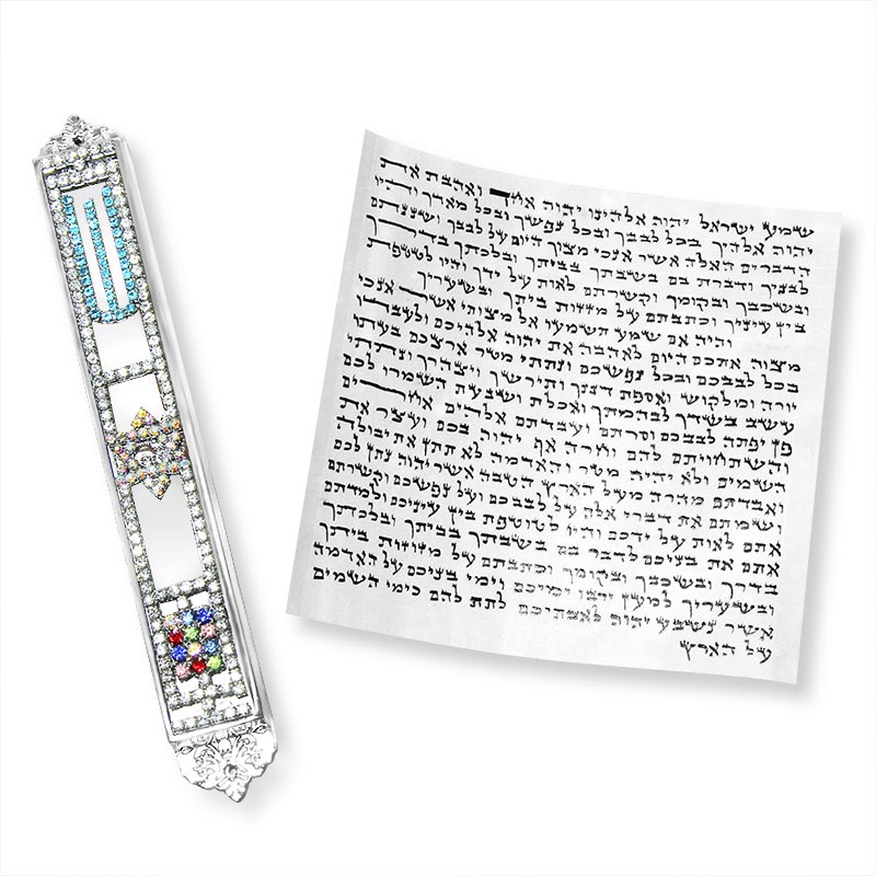 Elegant mezuzah case (10 cm parchment) made of metal with handmade silver plating: Shin, Star of David, and breastplate stones