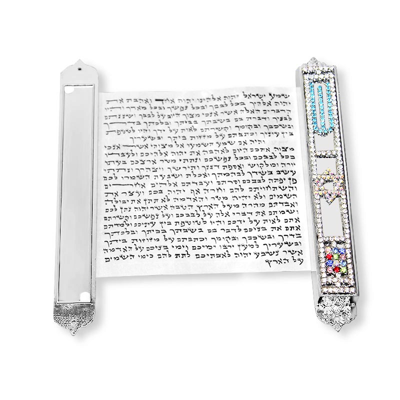 Elegant mezuzah case (10 cm parchment) made of metal with handmade silver plating: Shin, Star of David, and breastplate stones