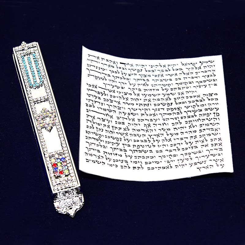 Elegant mezuzah case (10 cm parchment) made of metal with handmade silver plating: Shin, Star of David, and breastplate stones