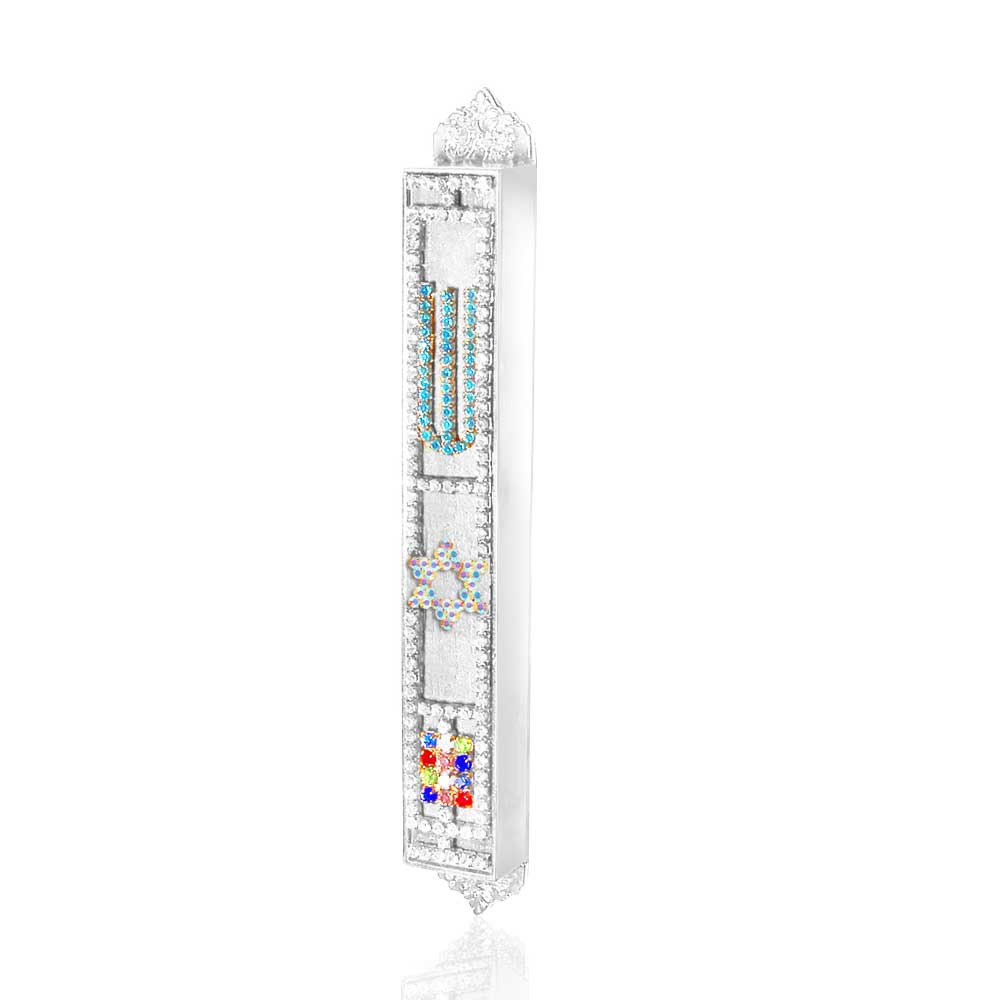 Elegant mezuzah case (10 cm parchment) made of metal with handmade silver plating: Shin, Star of David, and breastplate stones