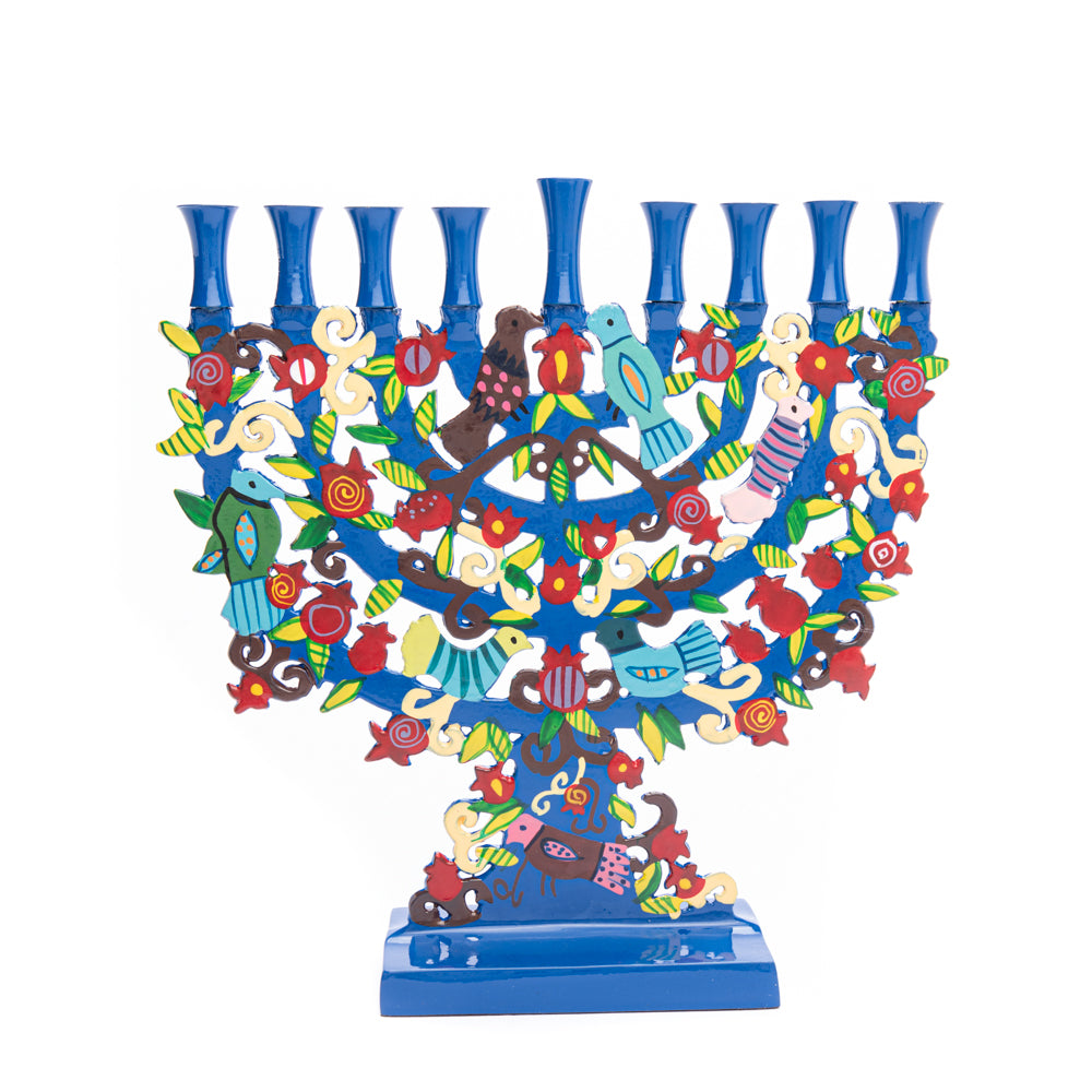 חנוכייה "עץ החיים, ציפורים ורימונים" ממתכת חיתוך לייזר - מתכת - יאיר עמנואל