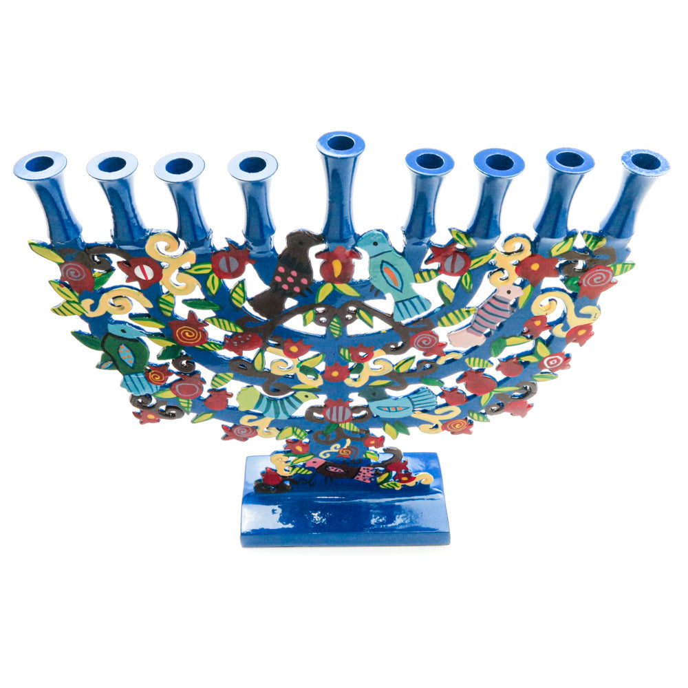 חנוכייה "עץ החיים, ציפורים ורימונים" ממתכת חיתוך לייזר - תמונה 3 - יאיר עמנואל