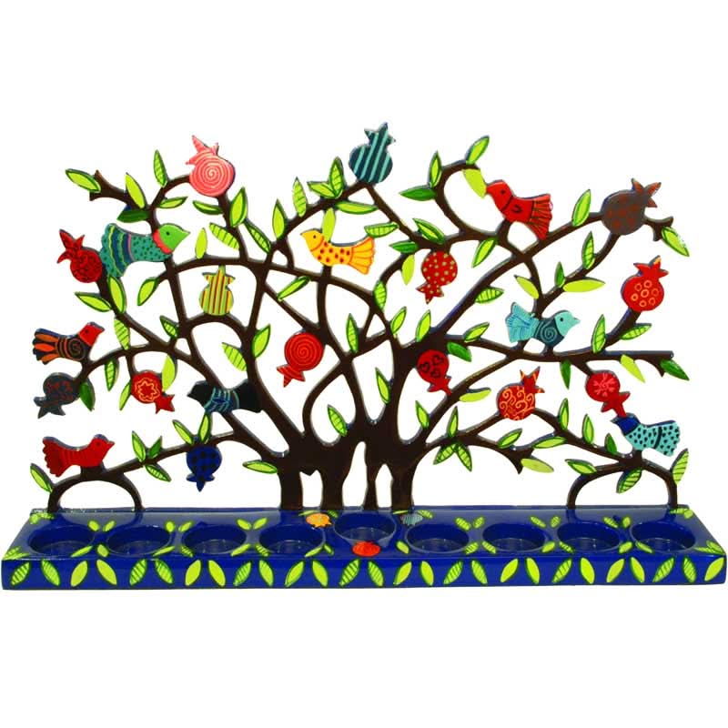 חנוכייה ממתכת בחיתוך לייזר מדויק צבועה ביד "עץ רימונים וציפורים" - יאיר עמנואל