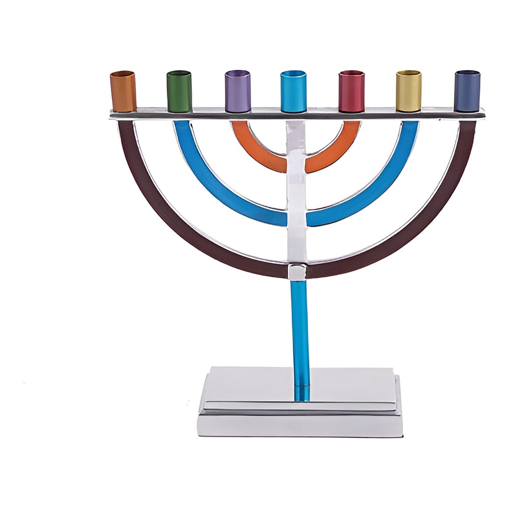 מנורת שבעה קנים קטנה מאלומיניום אנודייז בקשתות צבעוניות על בסיס כסוף, יאיר עמנואל