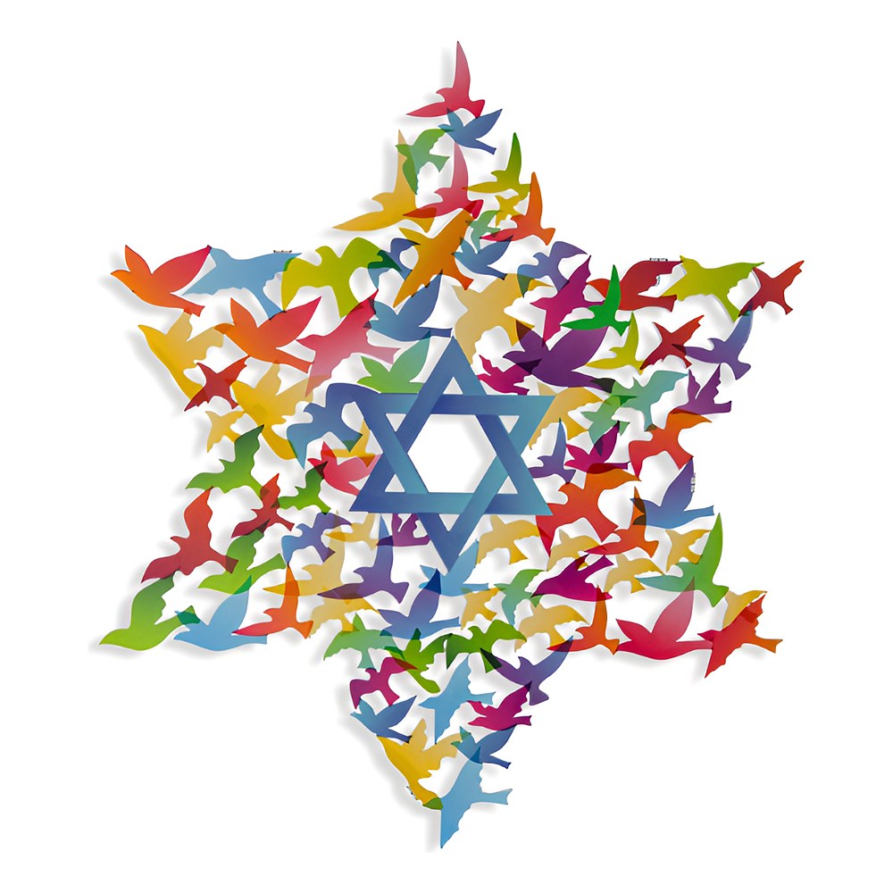 תכשיט קיר מגן דוד מציפורים צבעוניות ממתכת בחיתוך לייזר, דורית קליין