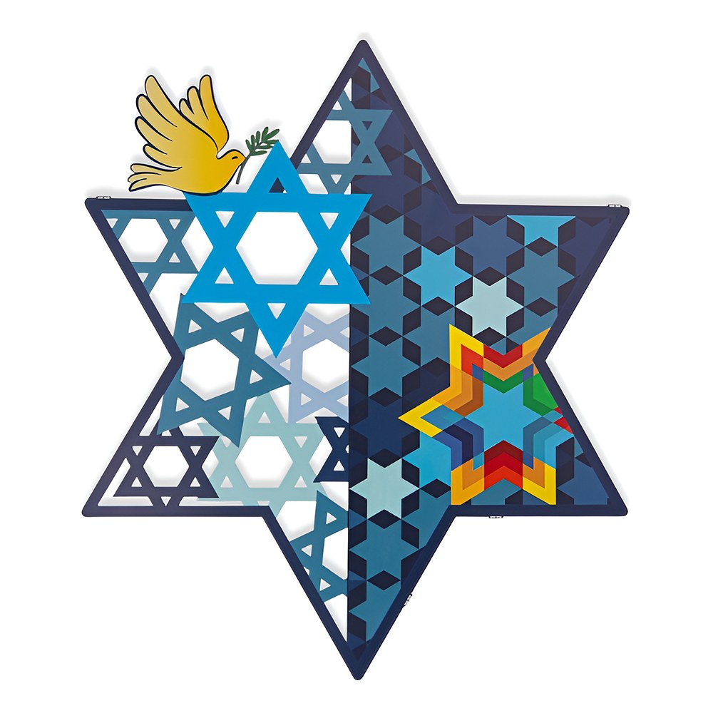 תכשיט קיר מגן דוד ויונת שלום ממתכת בחיתוך לייזר בגווני כחול, דורית קליין