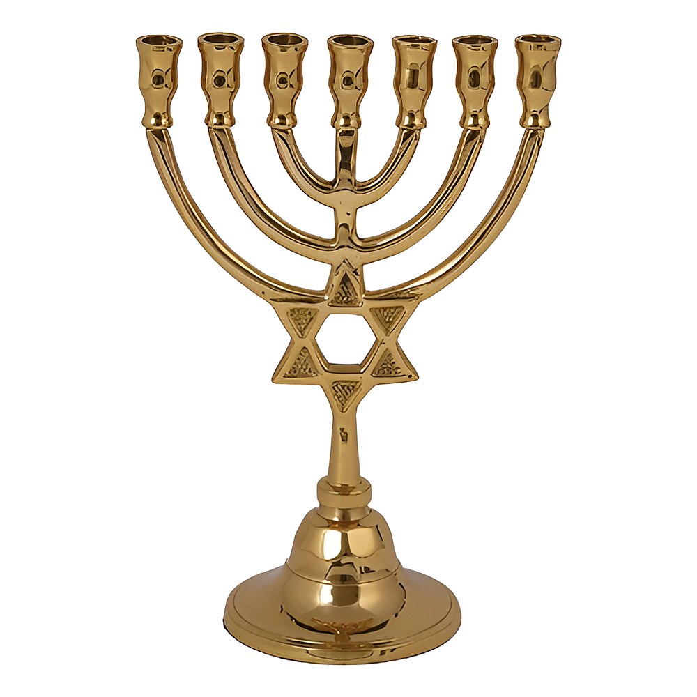 מנורת שבעה קנים מפליז יצוק בגימור זהב עם מגן דוד במרכז, יאיר עמנואל