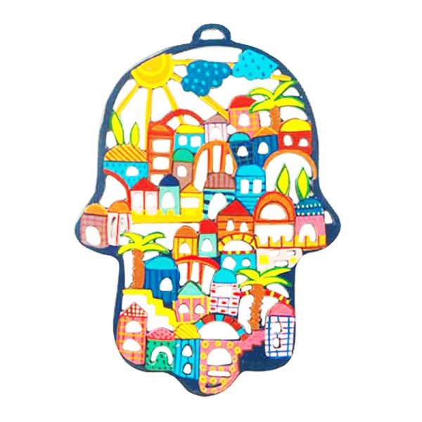 חמסה מרשימה ( 15 * 12.2 ס"מ ) לתלייה ממתכת בחיתוך לייזר צבועה ביד "נופי ירושלים" בשלל צבעים עזים - יאיר עמנואל.