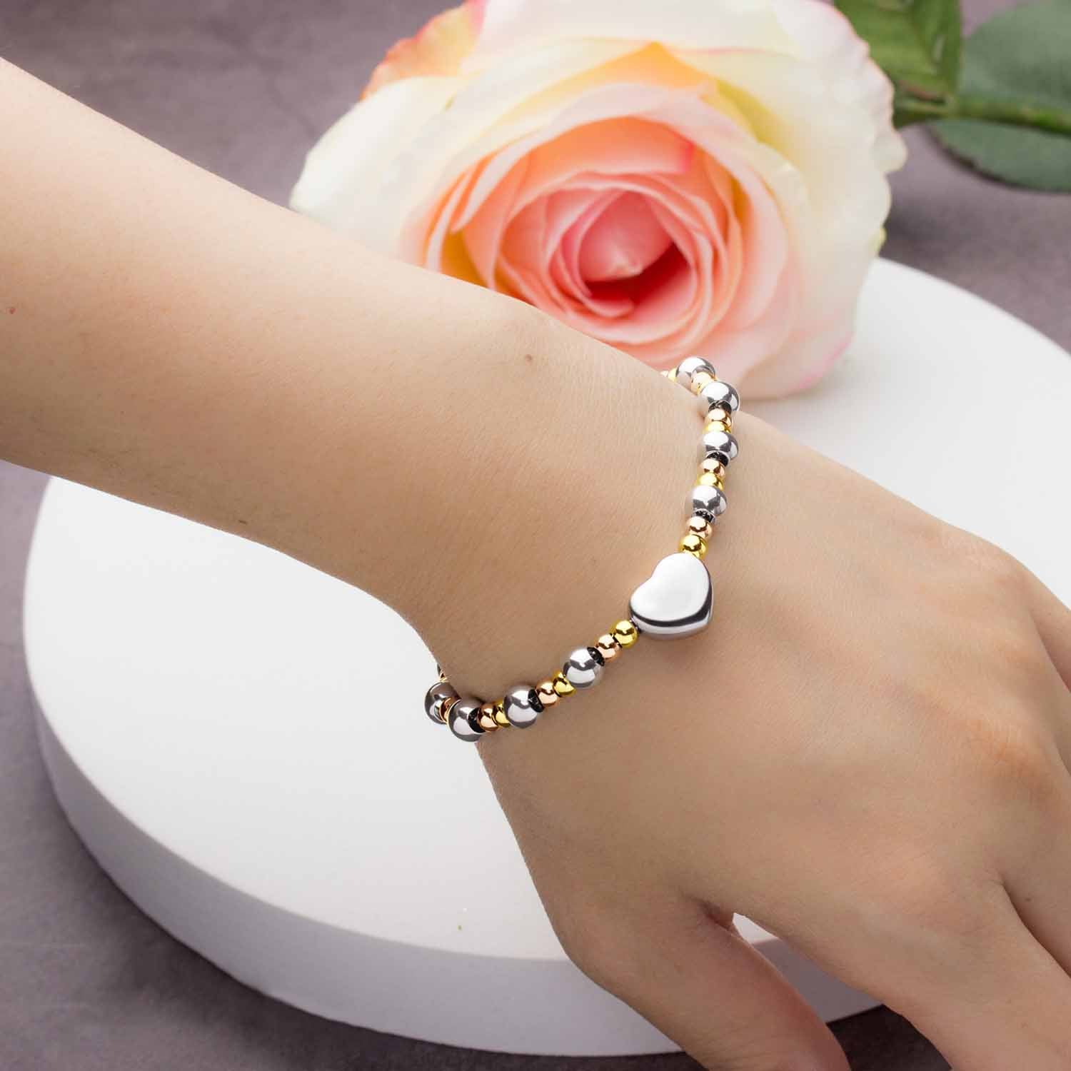 Luxurious 316 medical grade stainless steel ball bracelet for women with heart charm (17 cm, extendable to 20 cm)