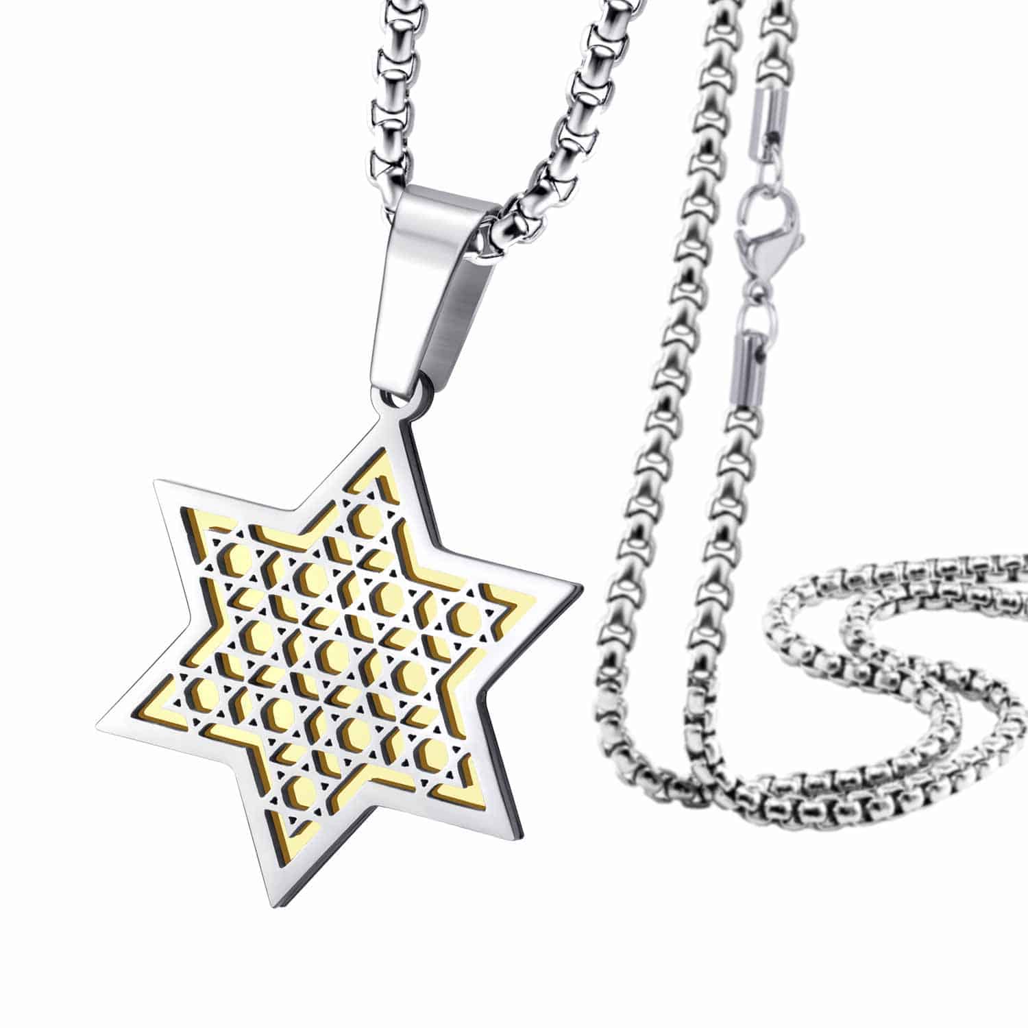 Large (2.4 cm) "Stars of David" necklace made of stainless steel with a gold background