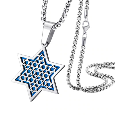 "Stars of David" necklace (2.4 cm) made of stainless steel, blue background