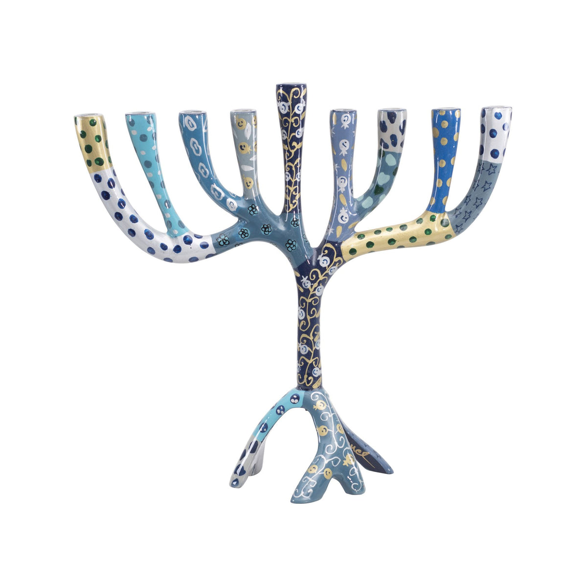 חנוכייה "עץ" גדולה (26 ס"מ) ממתכת בציור יד כחול - מבט נוסף - יאיר עמנואל