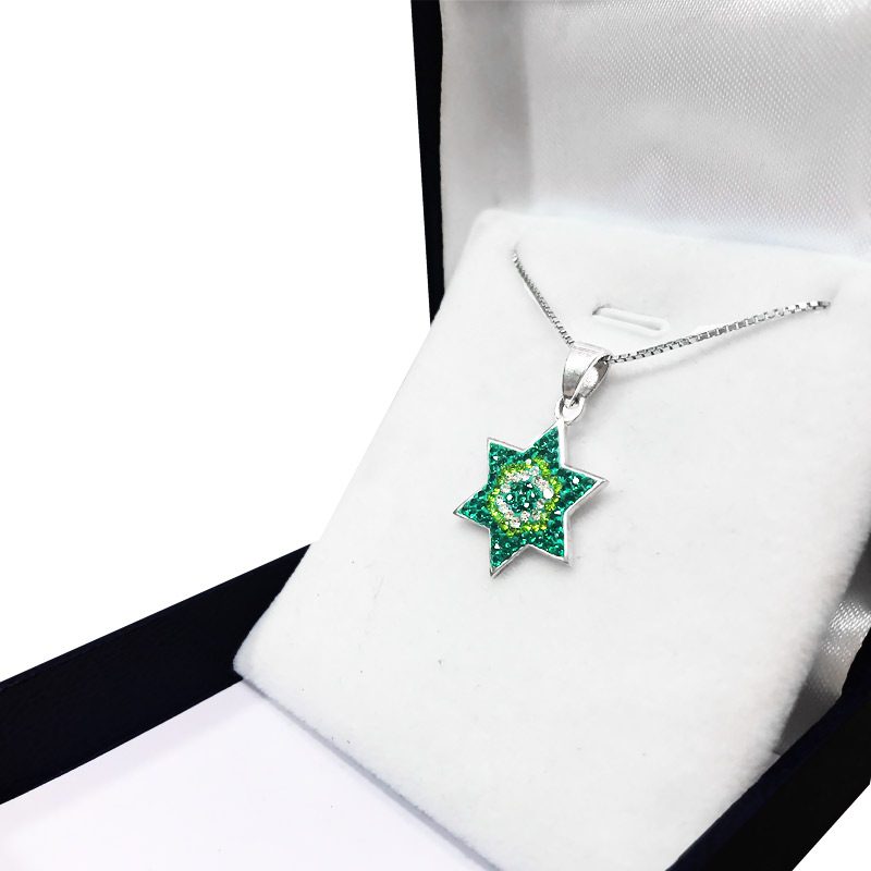 Star of David necklace made of 925 silver inlaid with green/white crystals, handmade