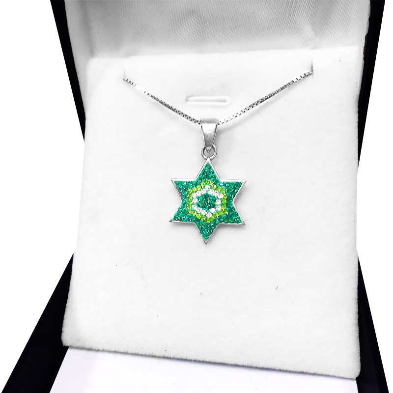 Star of David necklace made of 925 silver inlaid with green/white crystals, handmade