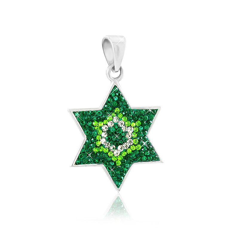 Star of David necklace made of 925 silver inlaid with green/white crystals, handmade