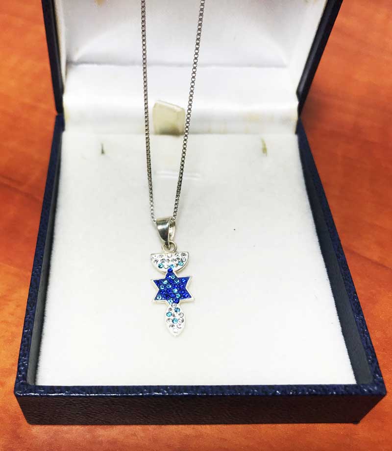 Small "Menorah, Star of David, Fish" necklace (22*9 mm) made of 925 silver, inlaid with blue and white crystals