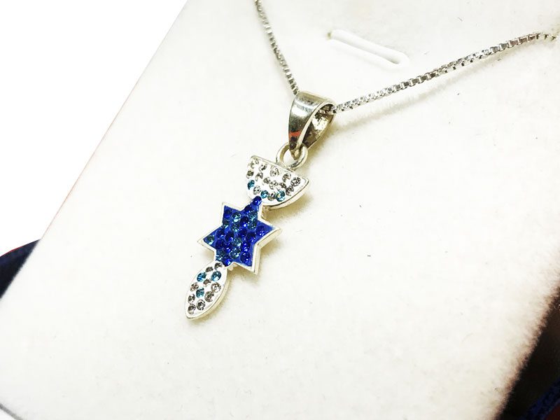 Small "Menorah, Star of David, Fish" necklace (22*9 mm) made of 925 silver, inlaid with blue and white crystals