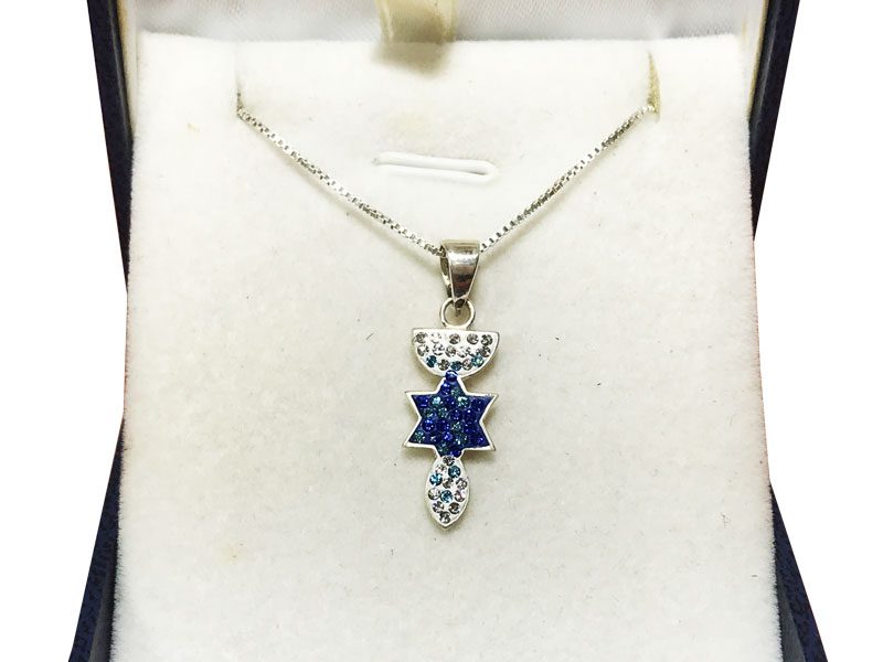 Small "Menorah, Star of David, Fish" necklace (22*9 mm) made of 925 silver, inlaid with blue and white crystals