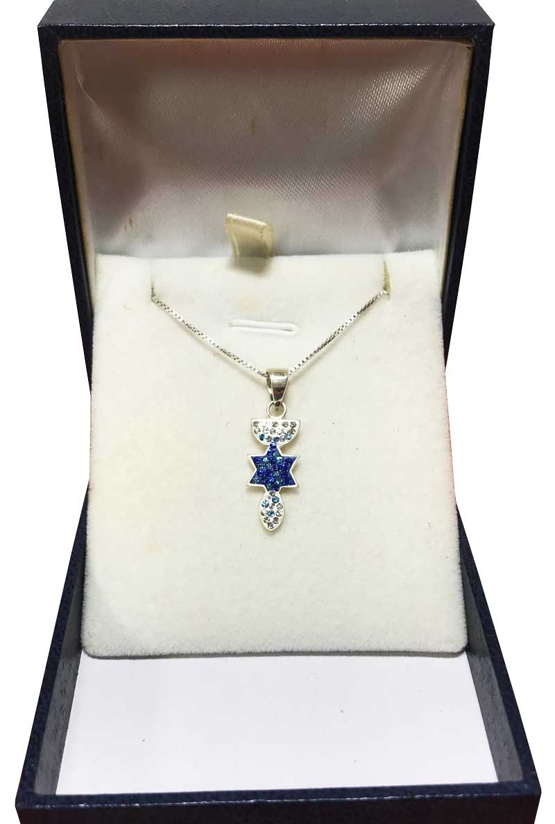 Small "Menorah, Star of David, Fish" necklace (22*9 mm) made of 925 silver, inlaid with blue and white crystals