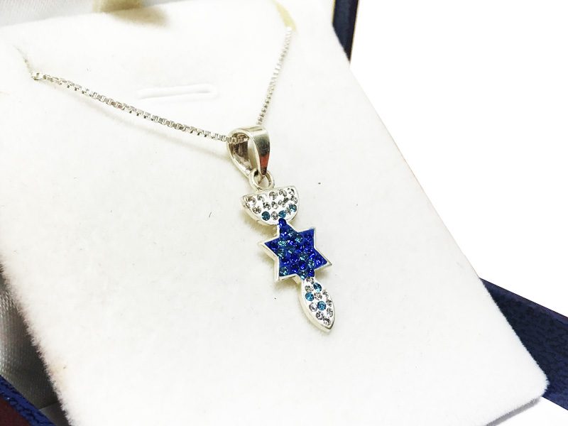 Small "Menorah, Star of David, Fish" necklace (22*9 mm) made of 925 silver, inlaid with blue and white crystals