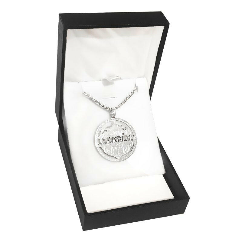 "JERUSALEM" necklace, hollow inscription made of stainless steel with the walls of Jerusalem