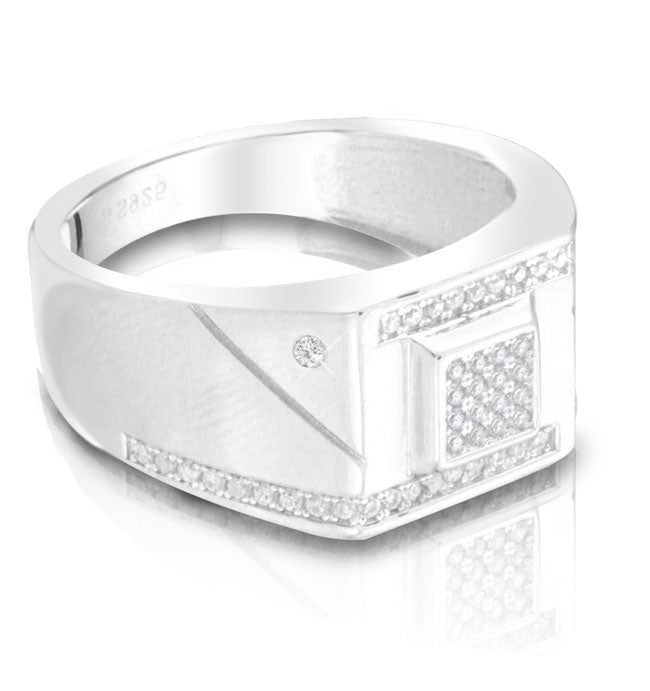 טבעת "חותם" מלבנית לגבר מכסף 925 משובצת קריסטלים לבנים