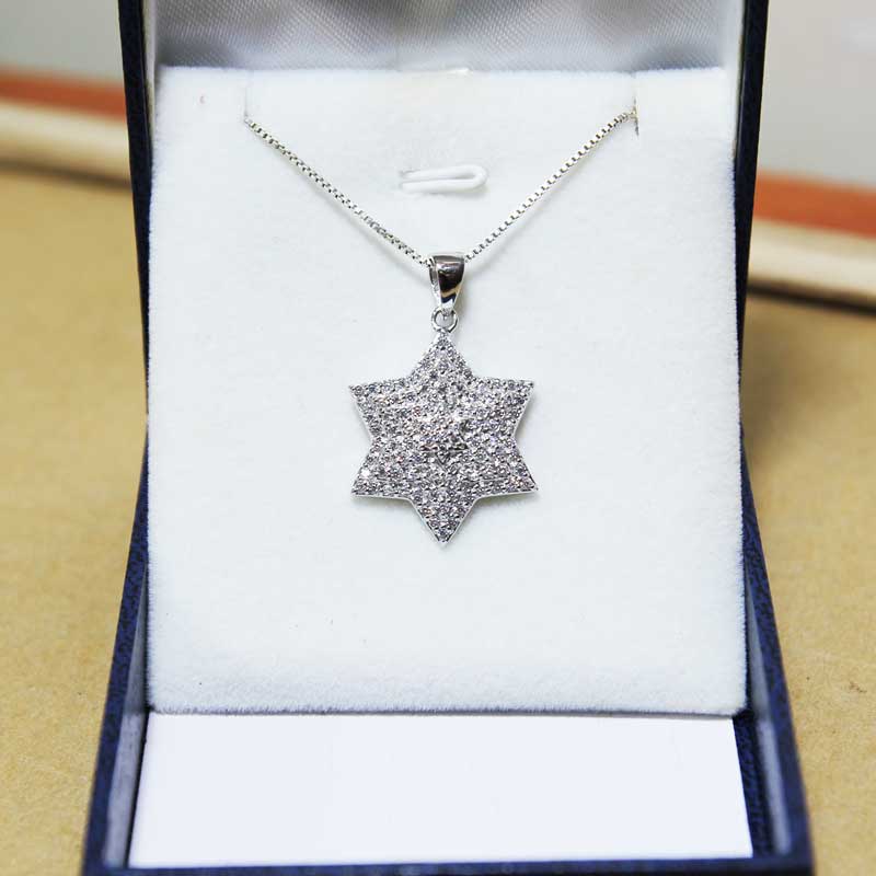 "Star of David" necklace made of 925 silver (2*2.5 cm) inlaid with white crystals and rhodium plating