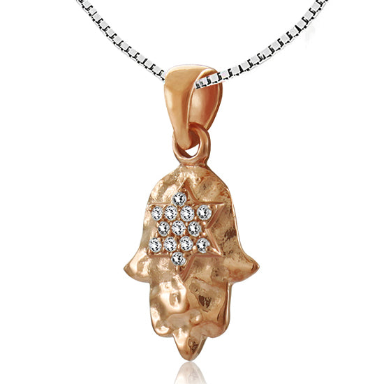 שרשרת חמסה מרוקעת קטנה (1.5*1.2 ס"מ) מכסף 925 ציפוי זהב אדום, עם קריסטלים