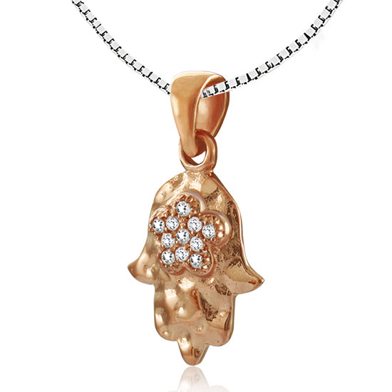 שרשרת חמסה מרוקעת קטנה (1.5*1.2 ס"מ) מכסף 925 ציפוי זהב אדום, עם קריסטלים