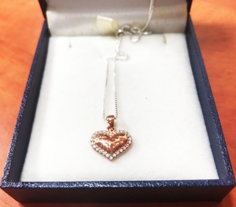 Small (1.4 cm) 925 silver hammered heart necklace with red gold plating and crystals