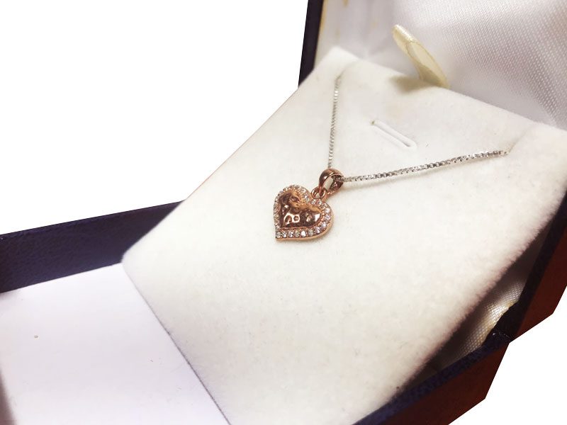 Small (1.4 cm) 925 silver hammered heart necklace with red gold plating and crystals