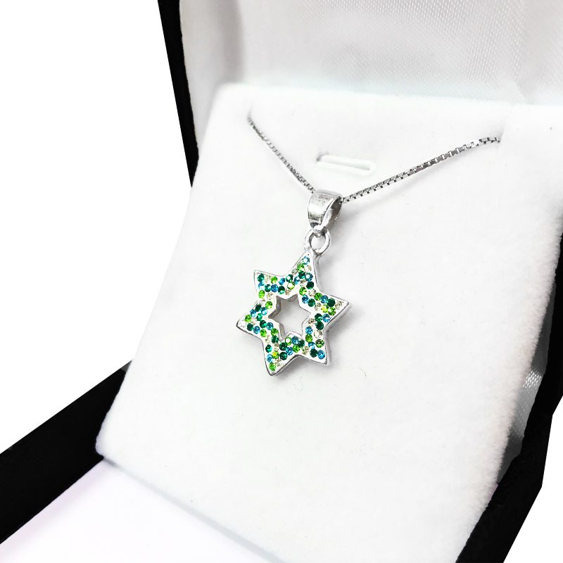 Star of David necklace (1.65*2 cm) made of 925 silver with green crystals