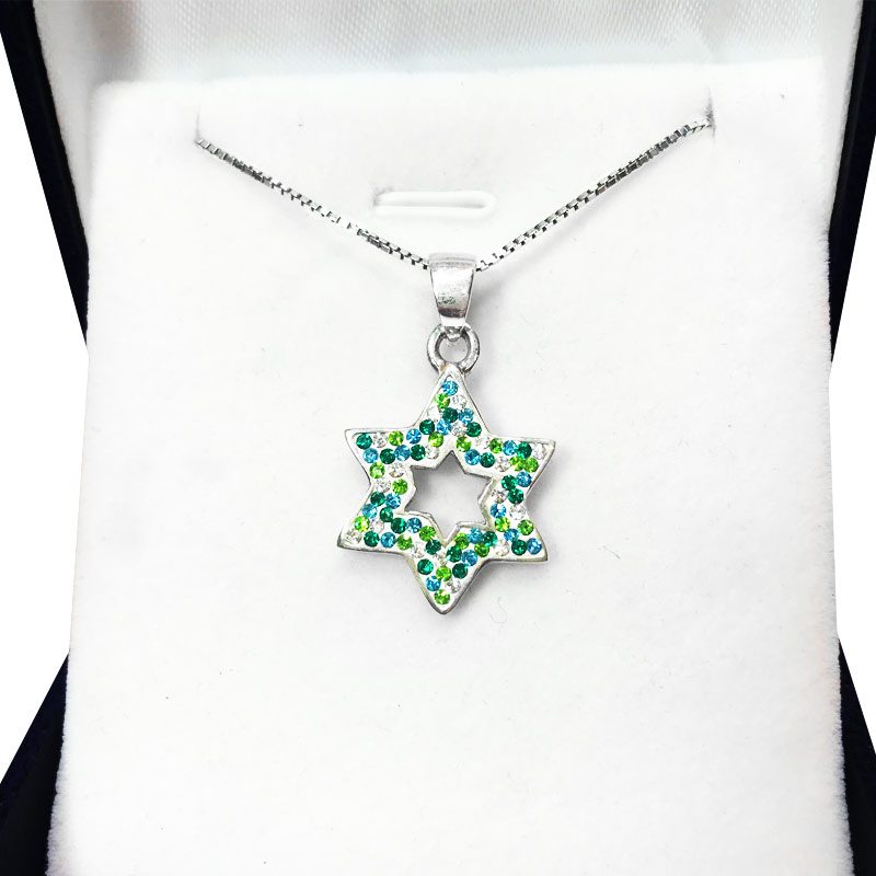 Star of David necklace (1.65*2 cm) made of 925 silver with green crystals