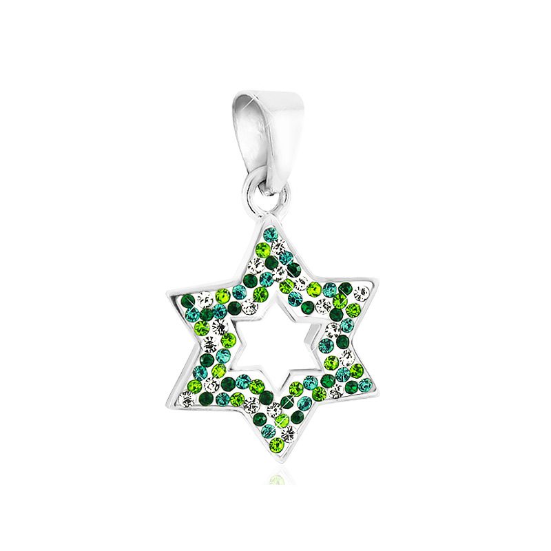 Star of David necklace (1.65*2 cm) made of 925 silver with green crystals