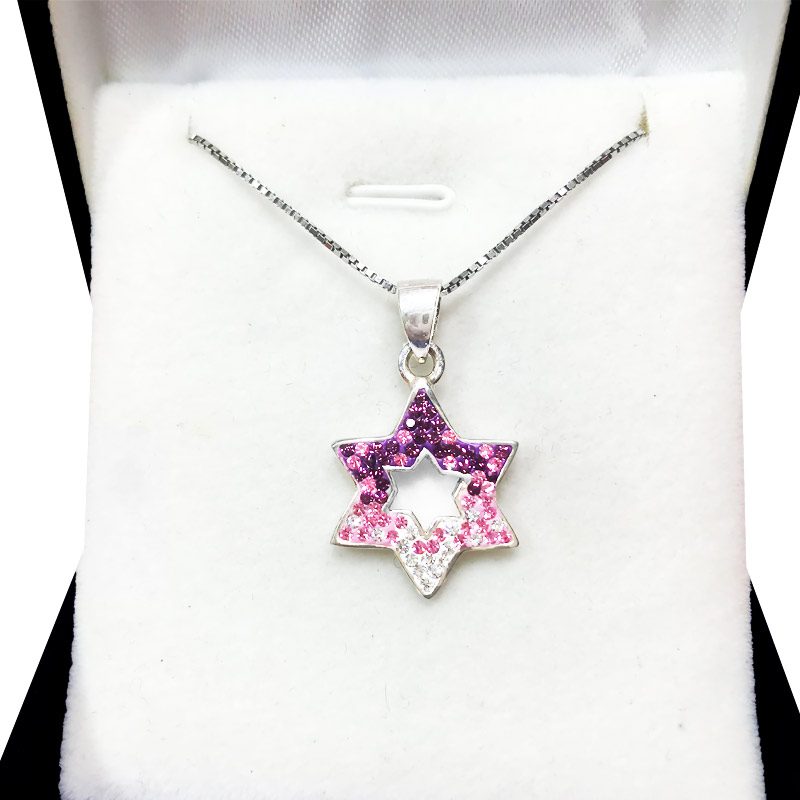 "Star of David" necklace (1.65*2 cm) made of 925 silver, inlaid with pink and purple crystals