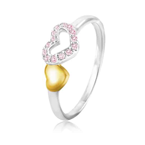 925 silver "heart" ring with yellow gold plated heart and pink crystals with rhodium plating