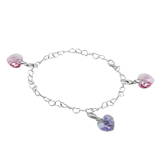 925 silver heart bracelet with 3 SWAROVSKI heart charms in a variety of colors