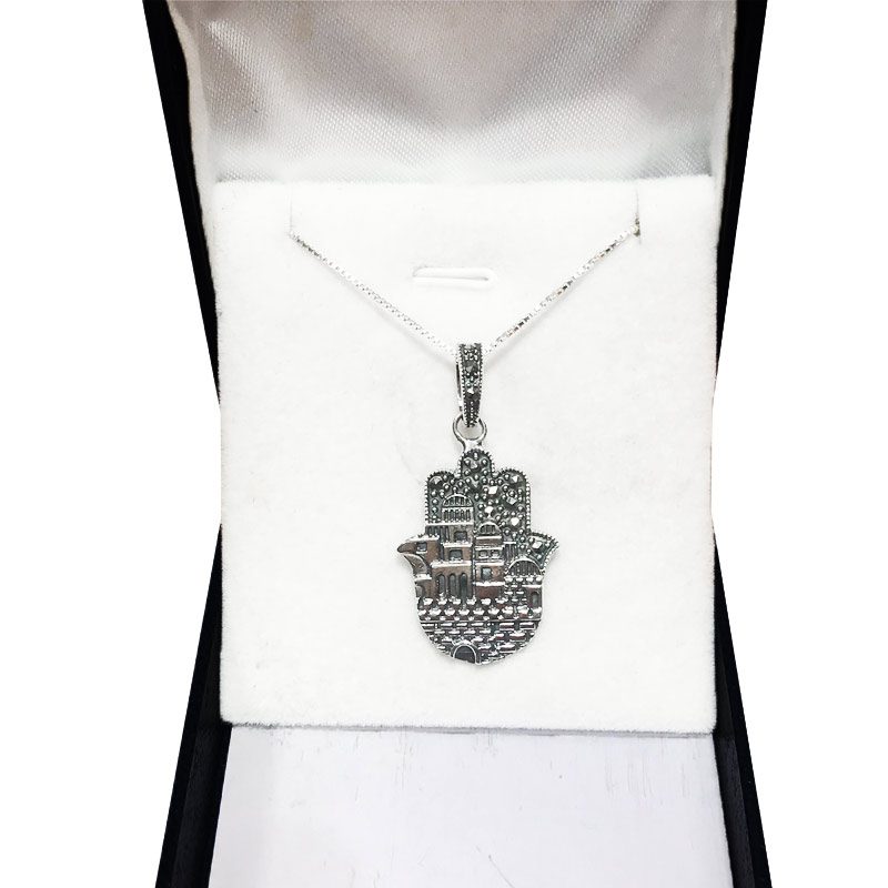 Large 925 silver hamsa necklace (2*3 cm) "Walls of Jerusalem", set with marcasite stones