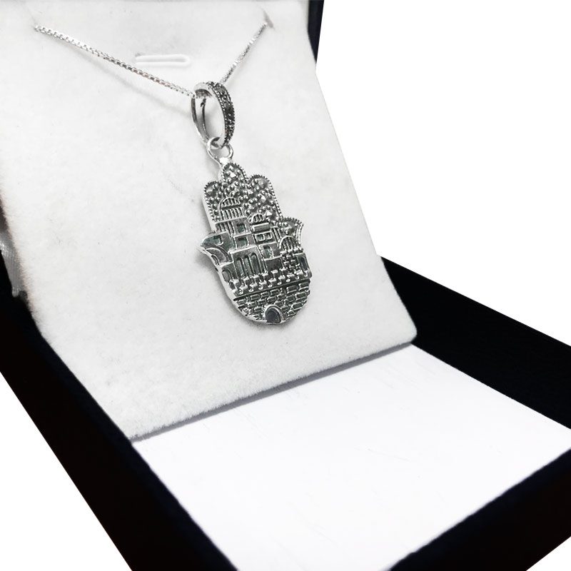 Large 925 silver hamsa necklace (2*3 cm) "Walls of Jerusalem", set with marcasite stones