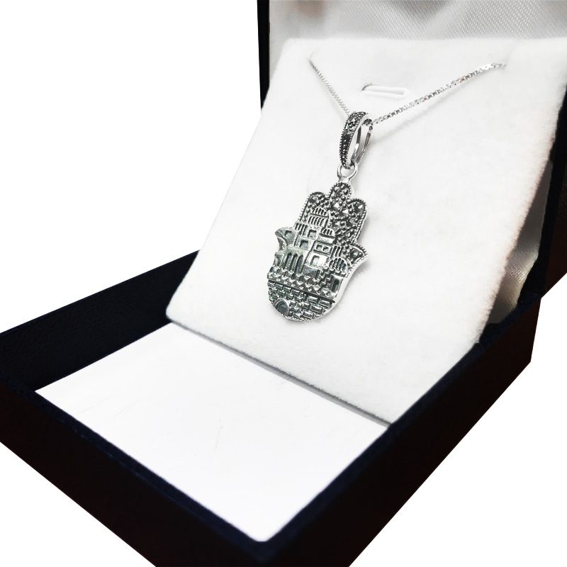 Large 925 silver hamsa necklace (2*3 cm) "Walls of Jerusalem", set with marcasite stones