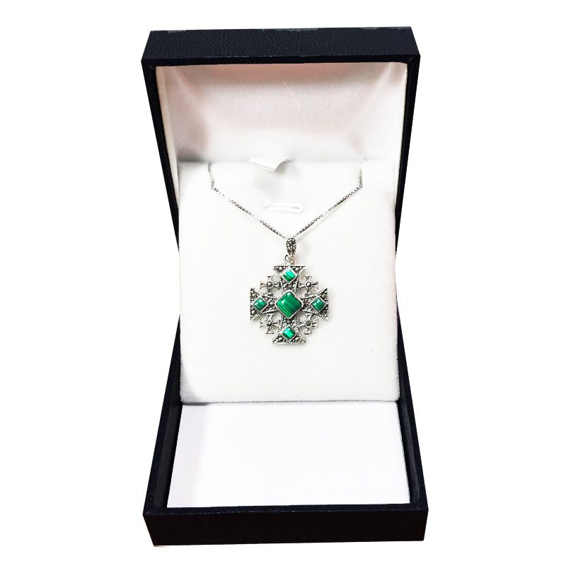 Jerusalem Cross Necklace in 925 Silver (2.5*2.3 cm) Encrusted with Natural Malachite and Marquise Stones