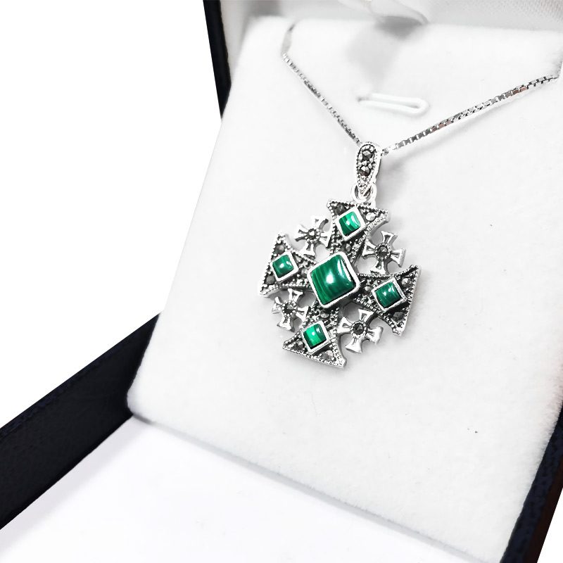 Jerusalem Cross Necklace in 925 Silver (2.5*2.3 cm) Encrusted with Natural Malachite and Marquise Stones